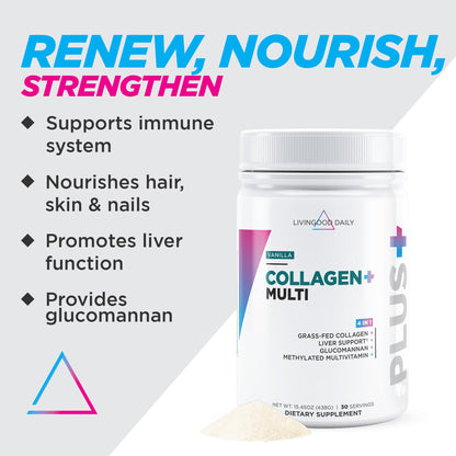 Livingood Daily Collagen Powder Vanilla – Grass-Fed, Vitamin C & Multivitamins, Gluten Free, 30 Servings