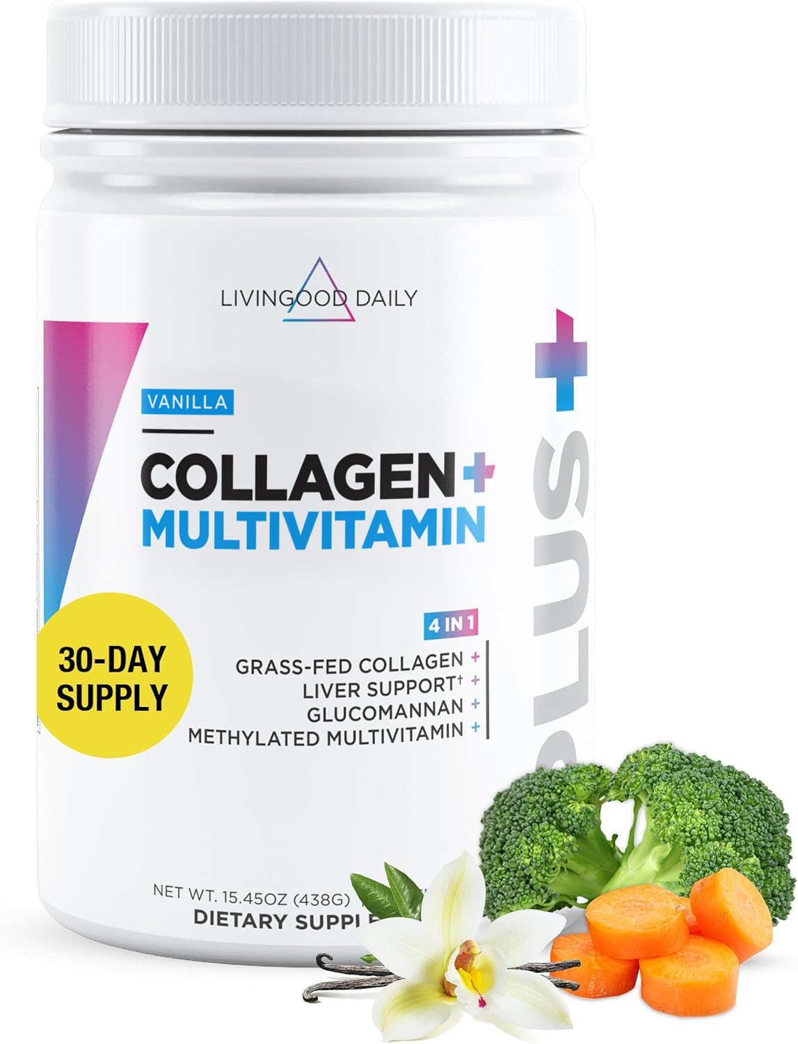 Livingood Daily Collagen Powder Vanilla – Grass-Fed, Vitamin C & Multivitamins, Gluten Free, 30 Servings