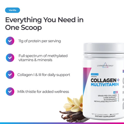 Livingood Daily Collagen Powder Vanilla – Grass-Fed, Vitamin C & Multivitamins, Gluten Free, 30 Servings