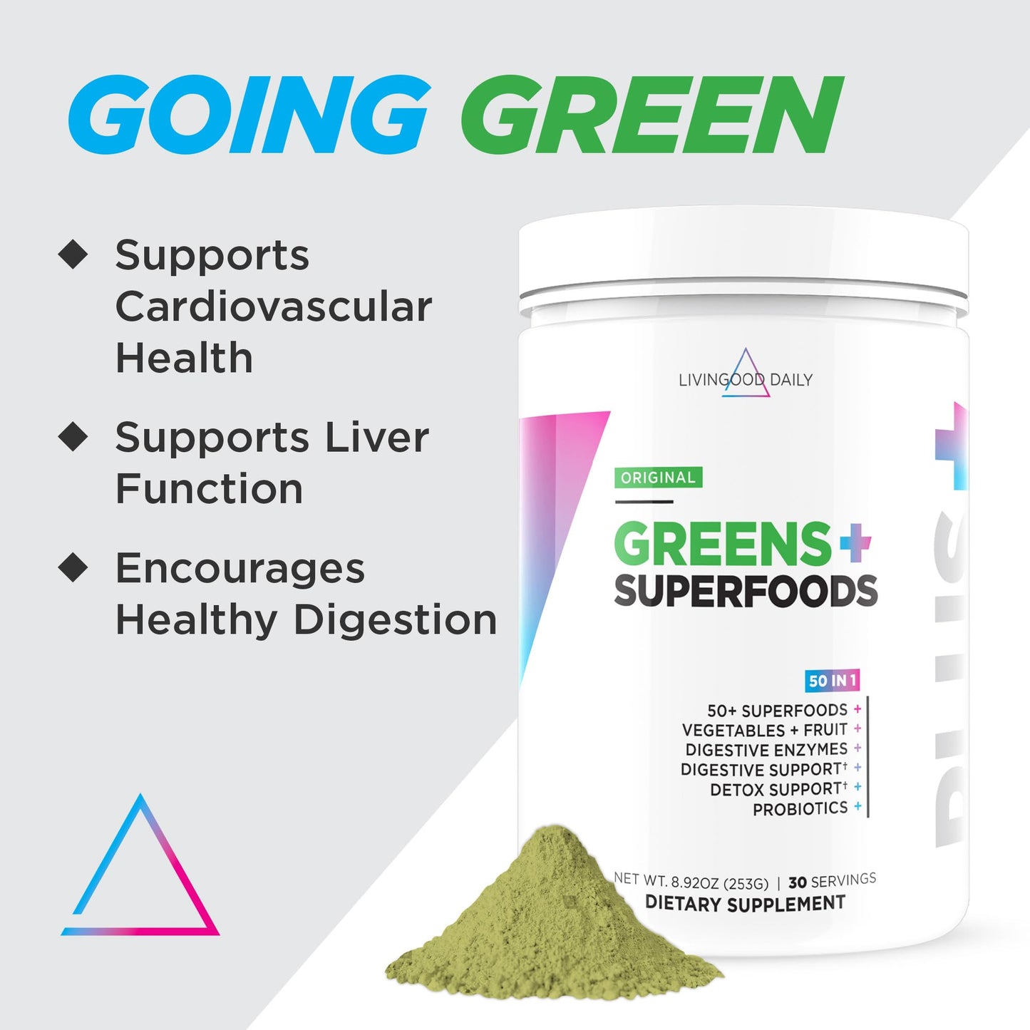 Livingood Daily Greens & Superfood Powder – Original Flavor, 30 Servings, Spirulina, Chlorella & Probiotics