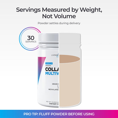 Livingood Daily Collagen Powder Vanilla – Grass-Fed, Vitamin C & Multivitamins, Gluten Free, 30 Servings