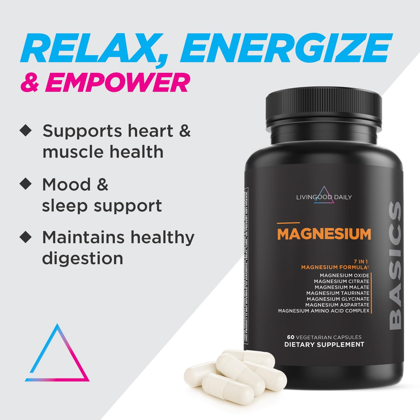 Livingood Daily Magnesium Supplement – 7-Form Glycinate-Citrate-Malate, 300mg, 60 Capsules