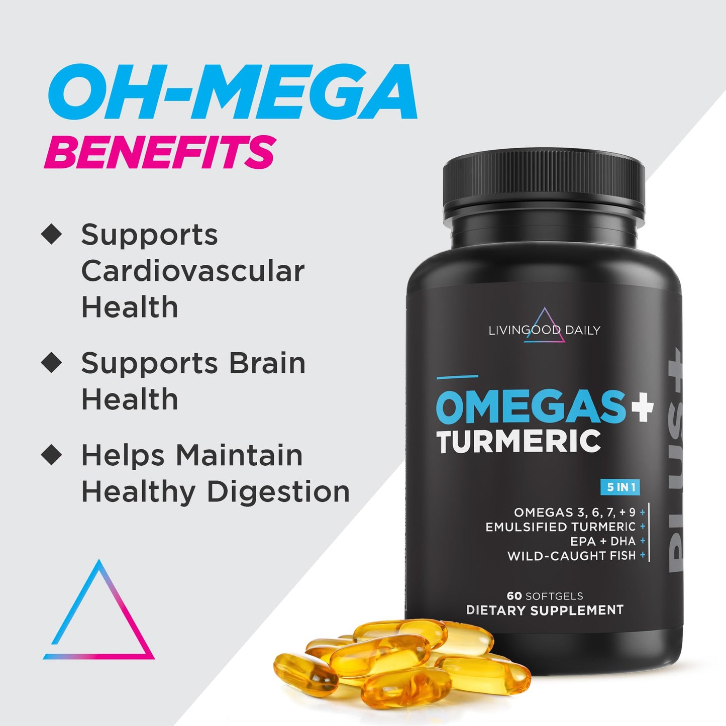Livingood Daily Omega 3-6-9 Plus Turmeric Curcumin — EPA & DHA, 60 Softgels
