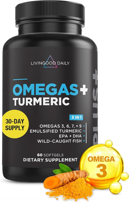 Livingood Daily Omega 3-6-9 Plus Turmeric Curcumin — EPA & DHA, 60 Softgels