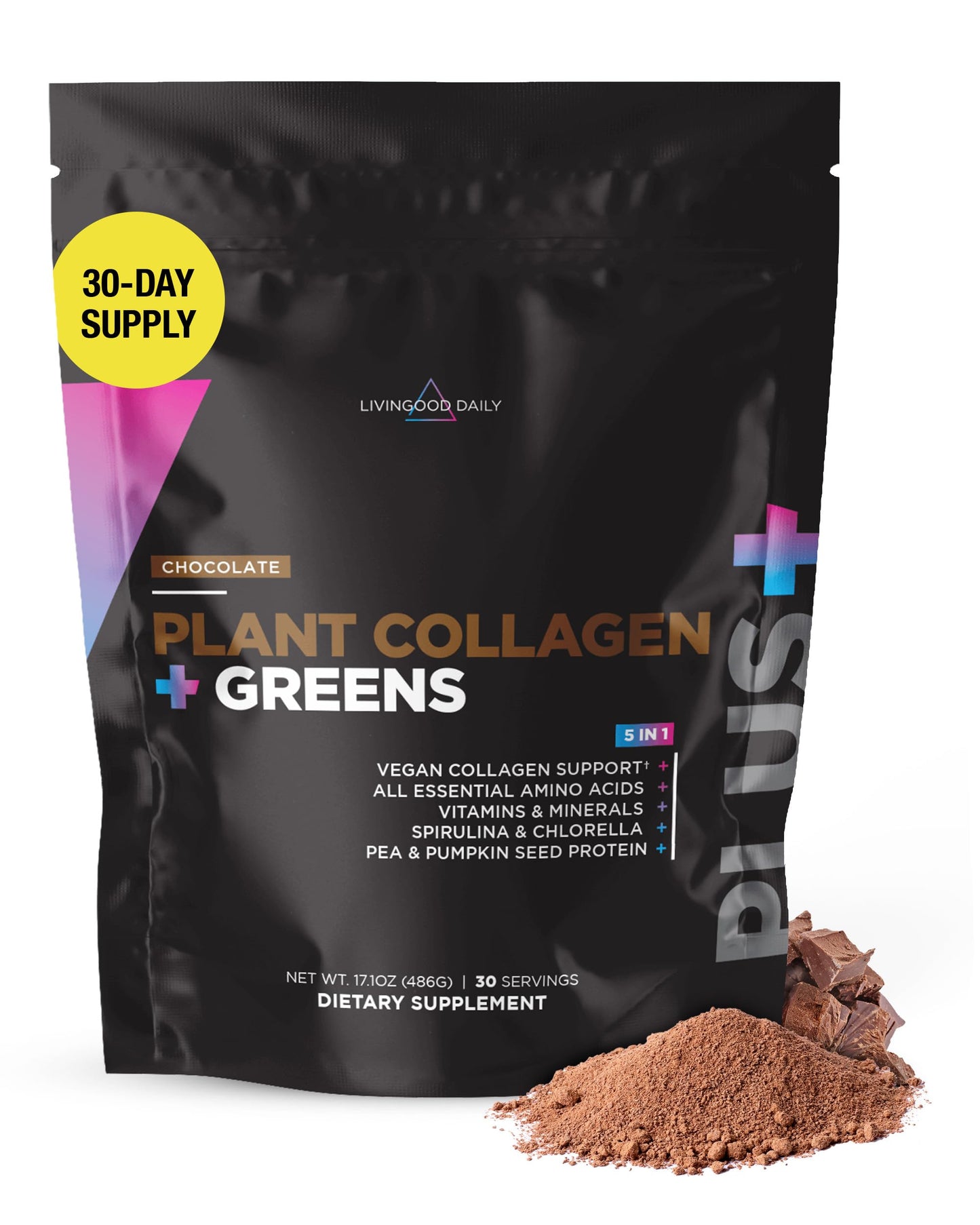 Livingood Daily Plant Collagen + Greens Powder - Chocolate | Vegan 5-in-1 Collagen Support