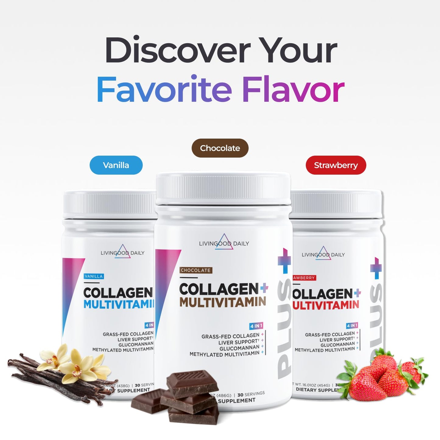 Livingood Daily Collagen Powder Vanilla – Grass-Fed, Vitamin C & Multivitamins, Gluten Free, 30 Servings