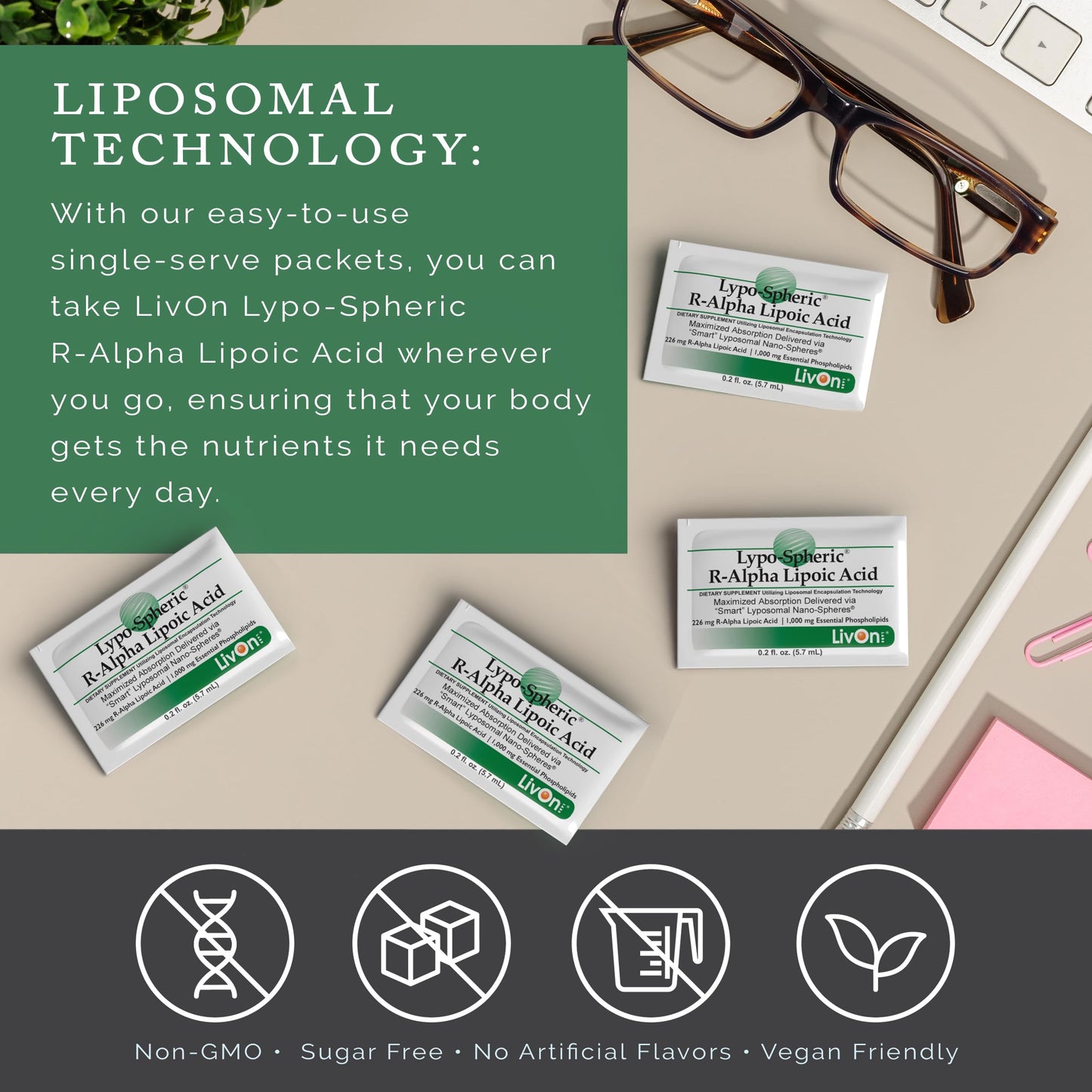 LivOn Lypo-Spheric R-Alpha Lipoic Acid – 30 Packets | 226mg Each | Liposome-Encapsulated, Vegan, Non-GMO
