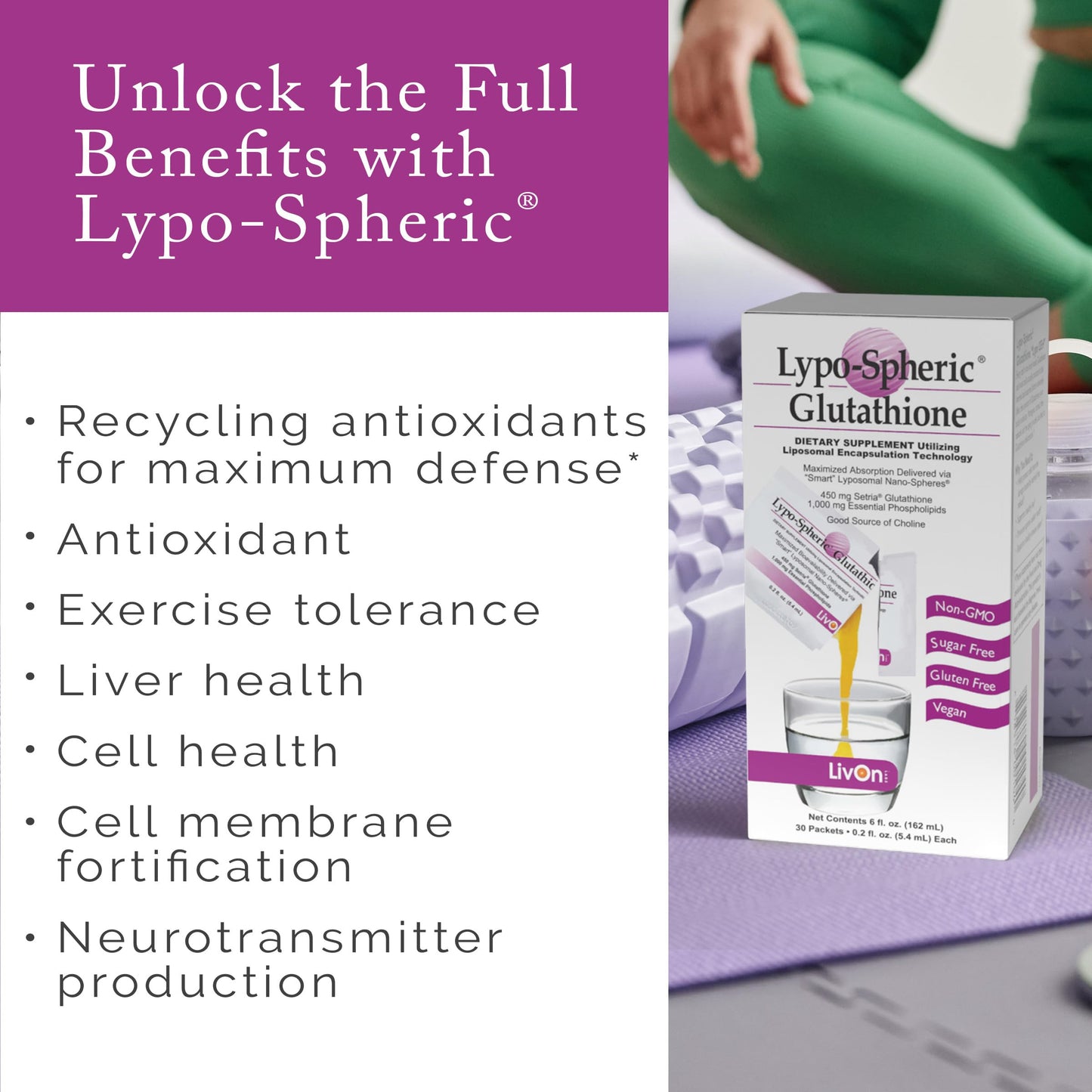 LivOn Lypo-Spheric Glutathione – 30 Packets, 450 mg Each, Liposome-Encapsulated, Non-GMO