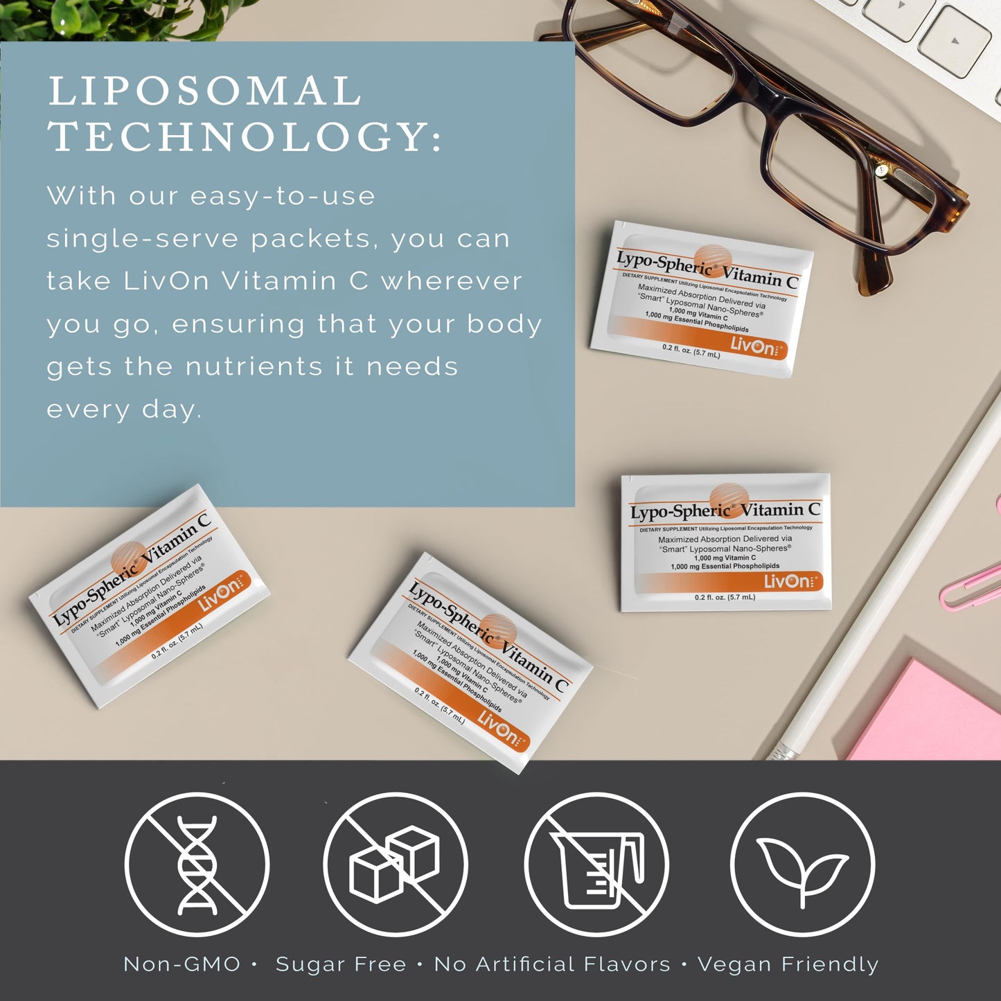 LivOn Laboratories Lypo-Spheric Vitamin C - 1,000 mg Vitamin C & 1,000 mg Essential Phospholipids per Packet | Liposome Encapsulation for Improved Absorption | Non-GMO (2 Cartons, 60 Packets)