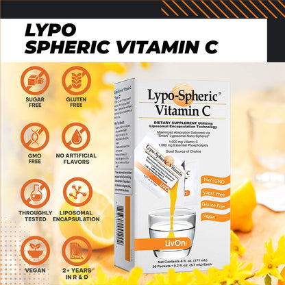 LivOn Laboratories Lypo-Spheric Vitamin C 1000 mg + 1000 mg Phospholipids per Packet | Liposome-Encapsulated, Non-GMO, 30 Packets