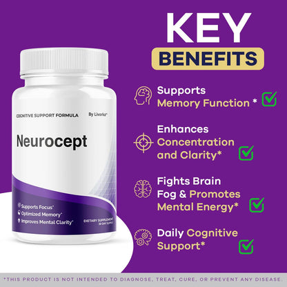 LIVORKA Neurocept Brain Supplement Capsules (5 Pack) — Focus, Memory & Clarity, 300 Capsules