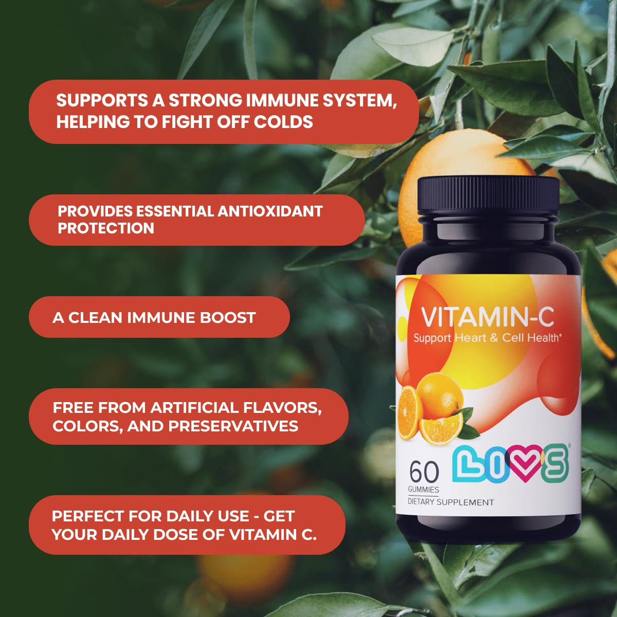 LIVS Vitamin C 250mg Gummies - Immune Support, Vegan & Gluten-Free, 60 ct