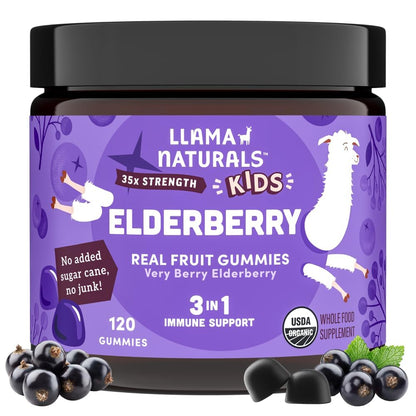 Llama Naturals Elderberry Gummies for Kids — Vegan Organic Immune Support with Vitamin C & Zinc (120 Ct)