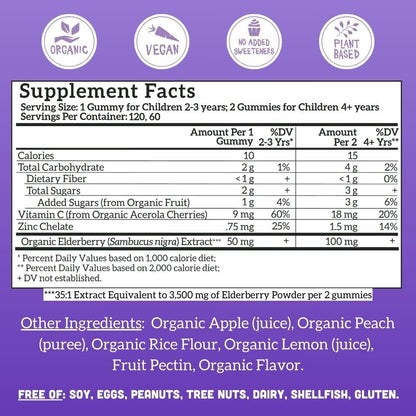 Llama Naturals Elderberry Gummies for Kids — Vegan Organic Immune Support with Vitamin C & Zinc (120 Ct)