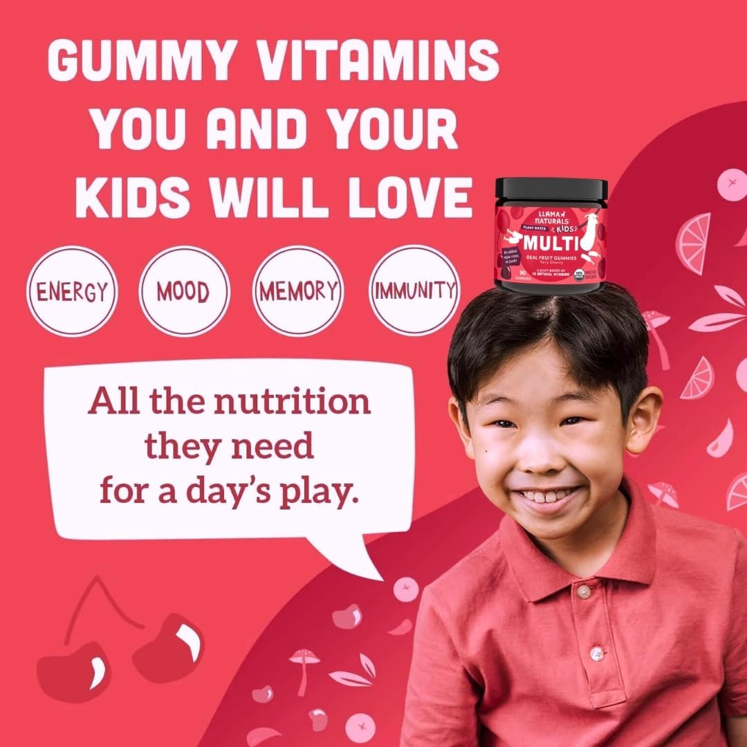 Llama Naturals Kids Multivitamin Gummies - Vegan, Organic, Cherry, 90 ct