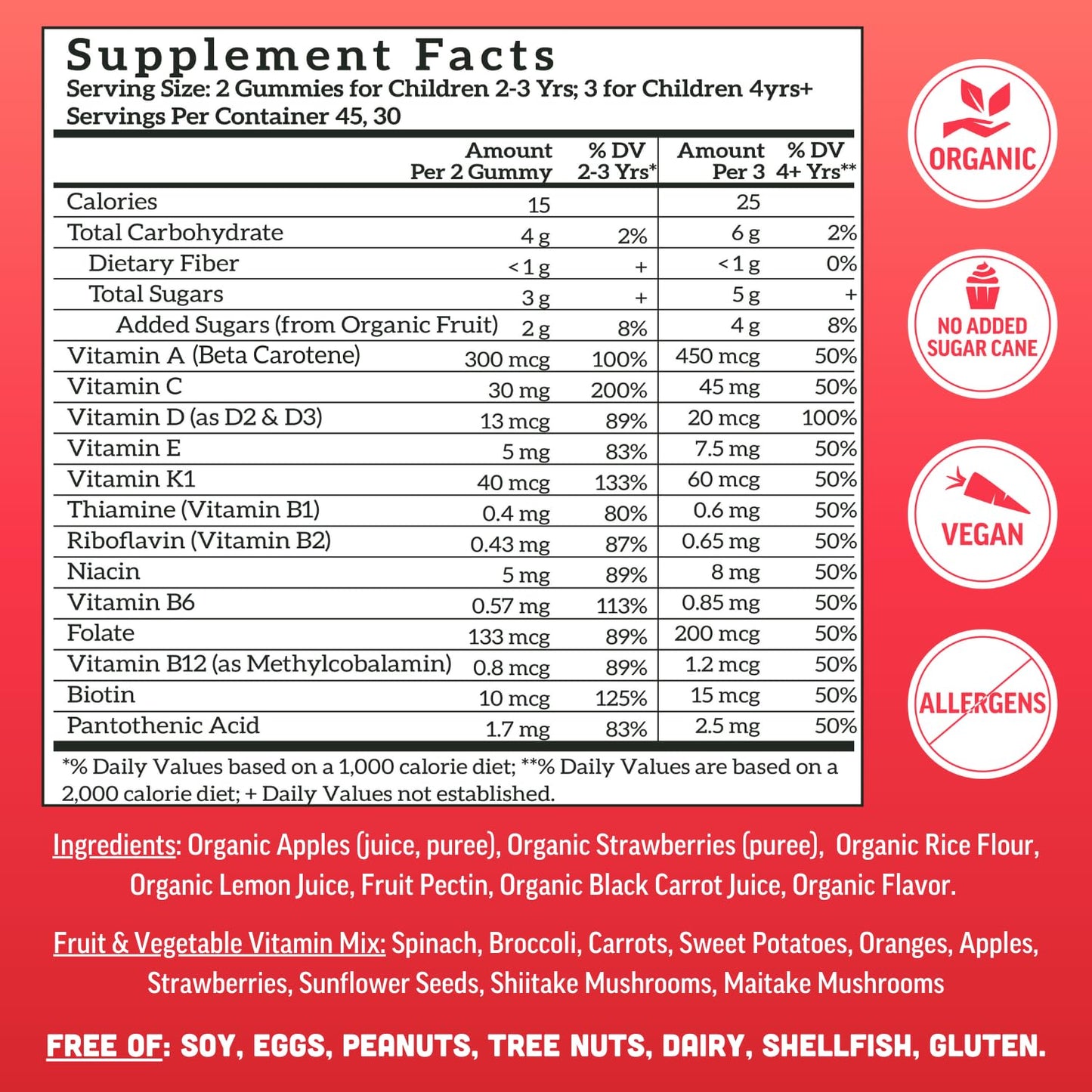 Llama Naturals Kids Multivitamin Gummies - Vegan, Organic, Strawberry, 90 Ct