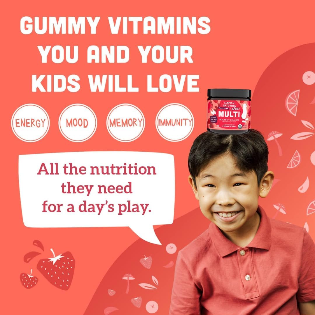 Llama Naturals Kids Multivitamin Gummies - Vegan, Organic, Strawberry, 90 Ct