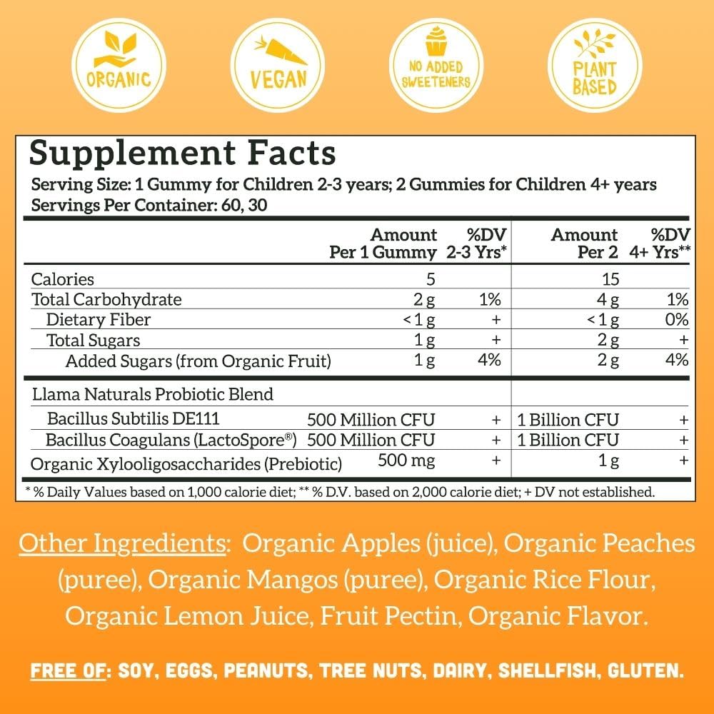 Llama Naturals Kids Probiotic with Prebiotic Fiber – Vegan Gummies (Peach Mango) 60 Ct