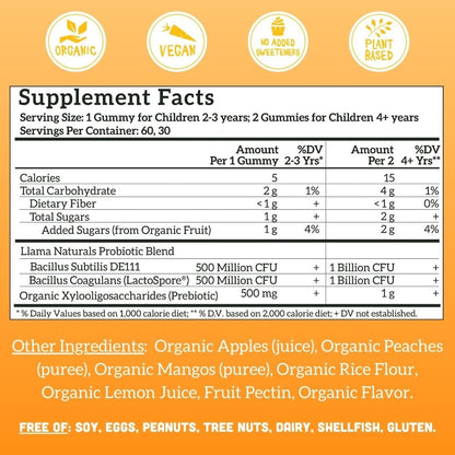 Llama Naturals Kids Probiotic with Prebiotic Fiber – Vegan Gummies (Peach Mango) 60 Ct