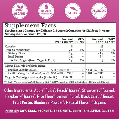 Llama Naturals Kids Probiotic + Prebiotic Gummies – Vegan, 120 Ct