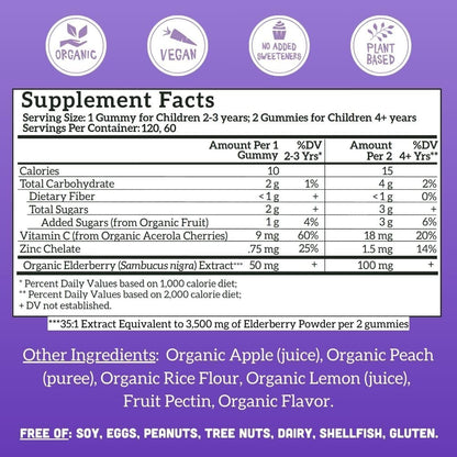 Llama Naturals Elderberry Gummies for Kids — Vegan Organic Immune Support with Vitamin C & Zinc (120 Ct)