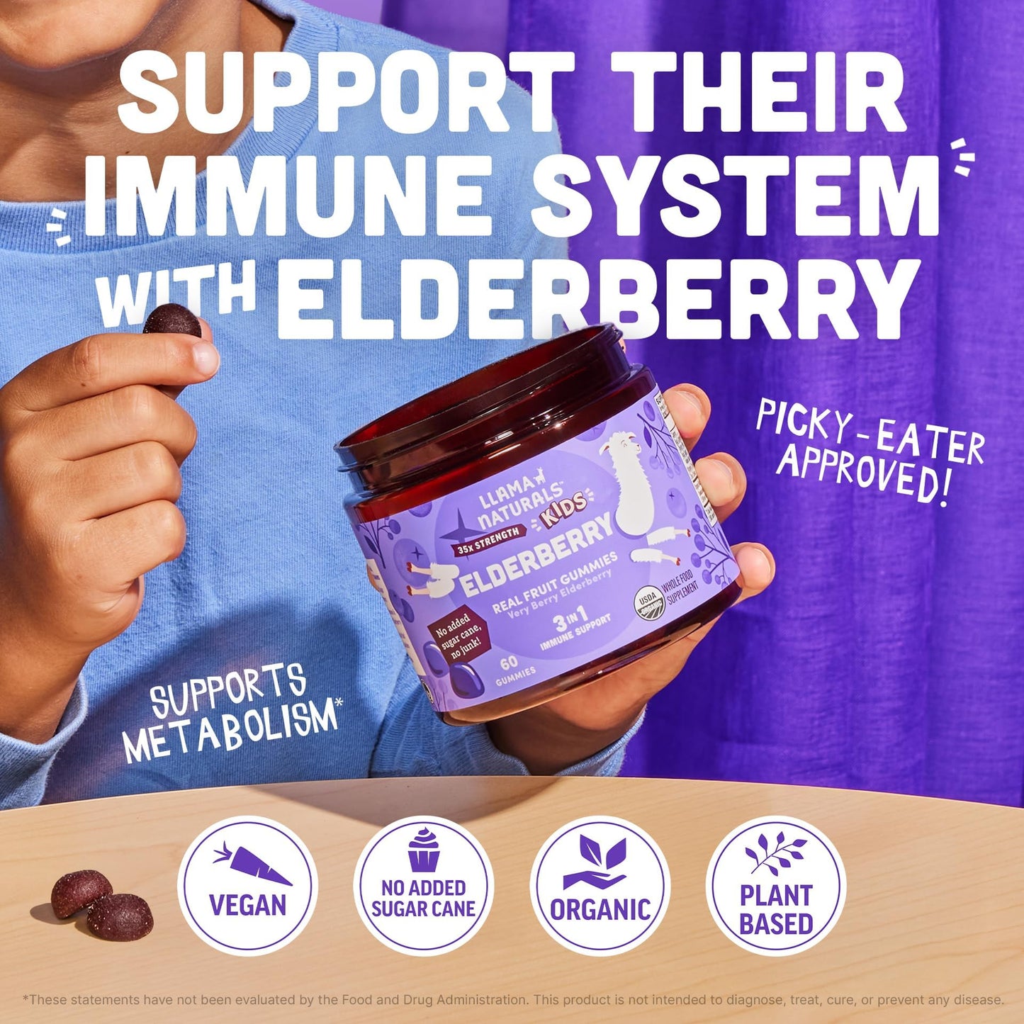 Llama Naturals Elderberry Gummies for Kids — Vegan Organic Immune Support with Vitamin C & Zinc (120 Ct)