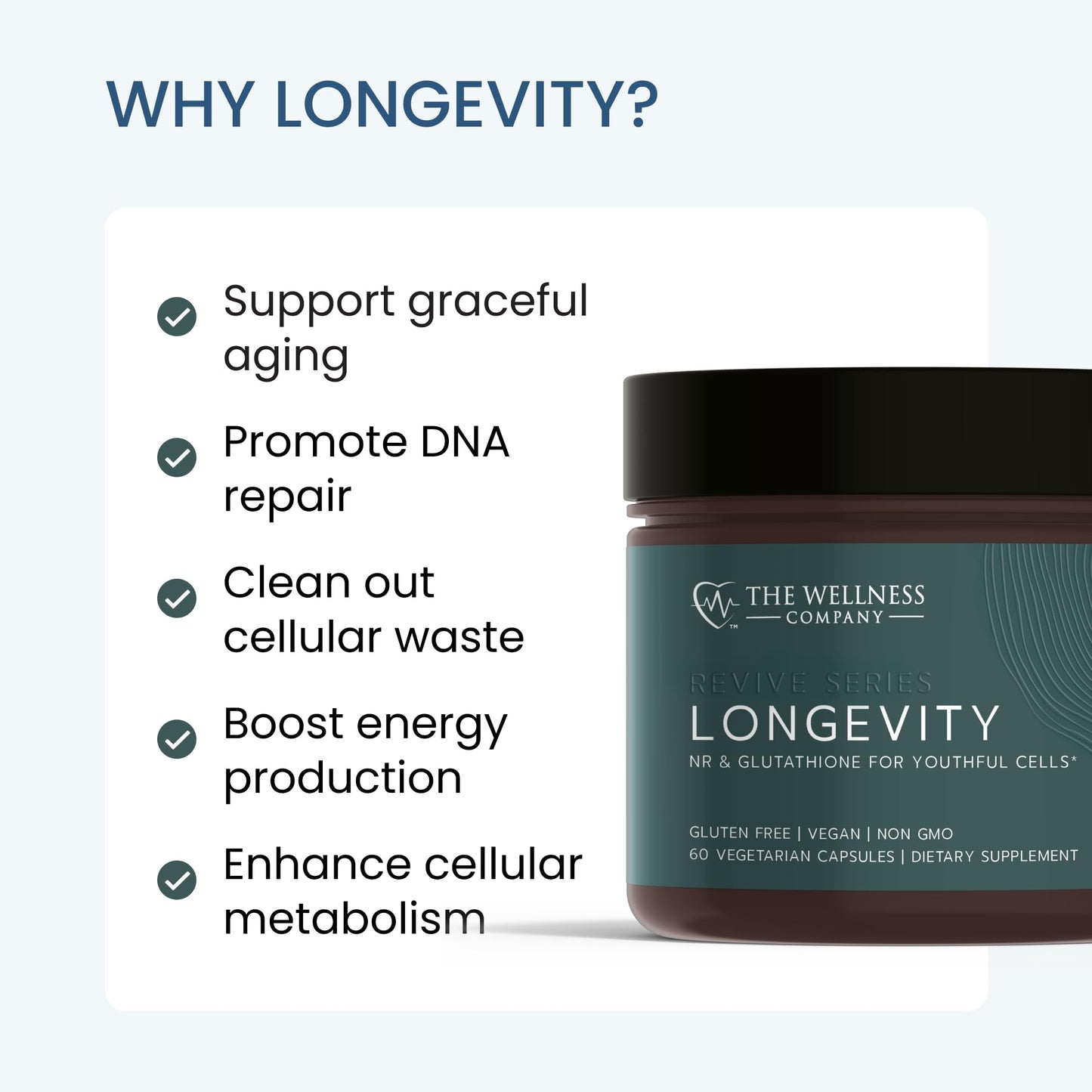 The Wellness Company Longevity – Mitochondria Efficiency, DNA Repair, Cellular Senescense - NR, Lipsomal Glutathione, Resveratrol, Bifidobacterium 15B CFU | 60ct (1 Month Supply)