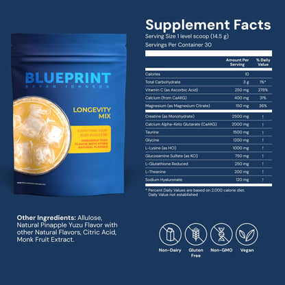 Blueprint Bryan Johnson Longevity Mix – Muscle Builder & Recovery Supplement (30 Servings, Pineapple Yuzu)