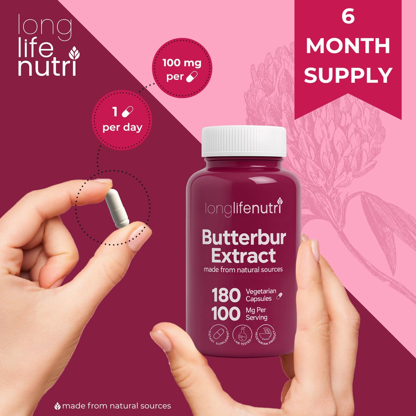 LongLifeNutri Butterbur Extract 100mg – 180 Vegetarian Capsules (6-Month Supply)