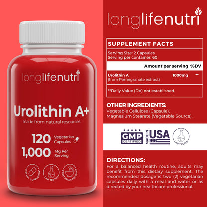 LongLifeNutri Urolithin A+ 1000mg – Advanced Formula, 2-Month Supply, Organic, USA Made
