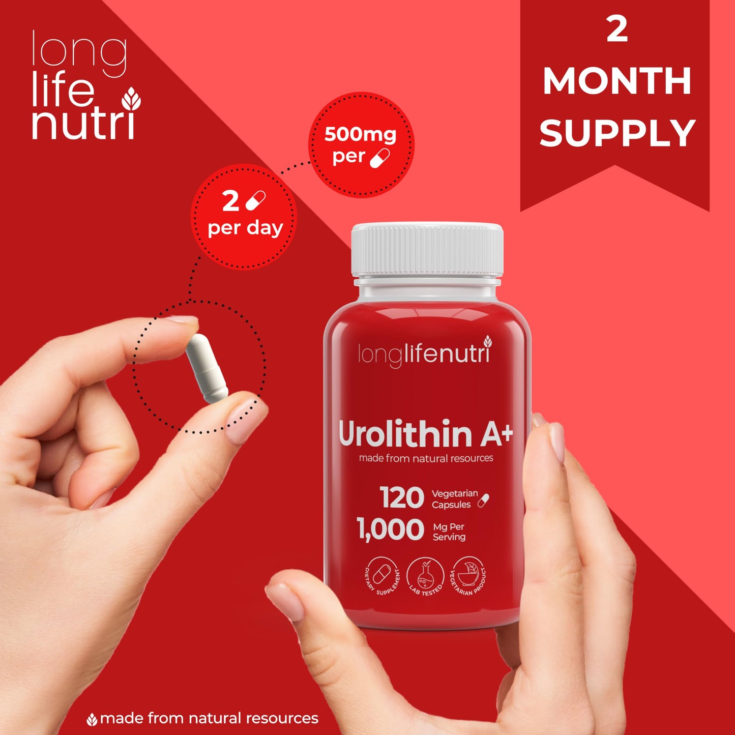 LongLifeNutri Urolithin A+ 1000mg – Advanced Formula, 2-Month Supply, Organic, USA Made