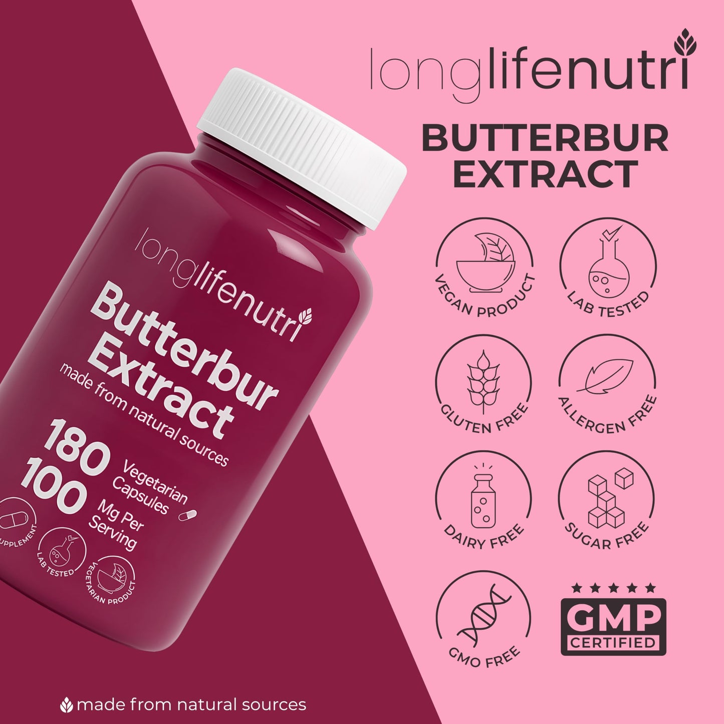 LongLifeNutri Butterbur Extract 100mg – 180 Vegetarian Capsules (6-Month Supply)
