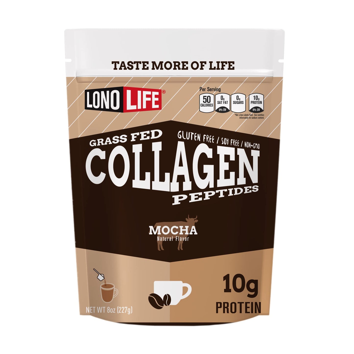 LonoLife Mocha Collagen Peptides - 10g Protein, Paleo & Keto Friendly, 8-Oz Bulk