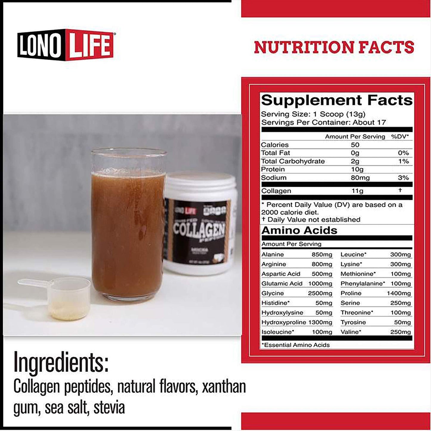 LonoLife Mocha Collagen Peptides - 10g Protein, Paleo & Keto Friendly, 8-Oz Bulk