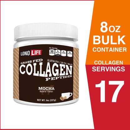 LonoLife Mocha Collagen Peptides - 10g Protein, Paleo & Keto Friendly, 8-Oz Bulk