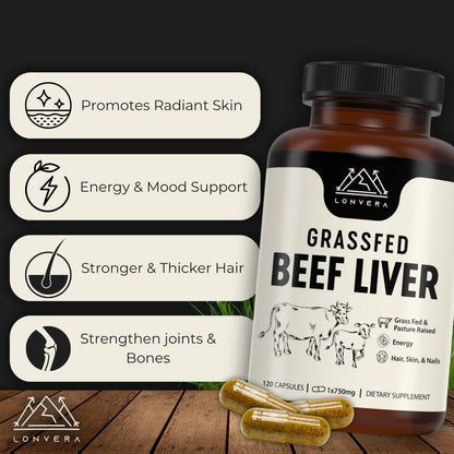 Lonvera Grass-Fed Beef Liver Capsules – 3000mg Freeze-Dried Desiccated Organs for Energy, Joints & Skin