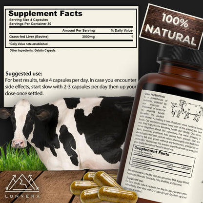 Lonvera Grass-Fed Beef Liver Capsules – 3000mg Freeze-Dried Desiccated Organs for Energy, Joints & Skin