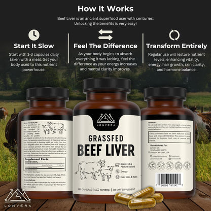 Lonvera Grass-Fed Beef Liver Capsules – 3000mg Freeze-Dried Desiccated Organs for Energy, Joints & Skin