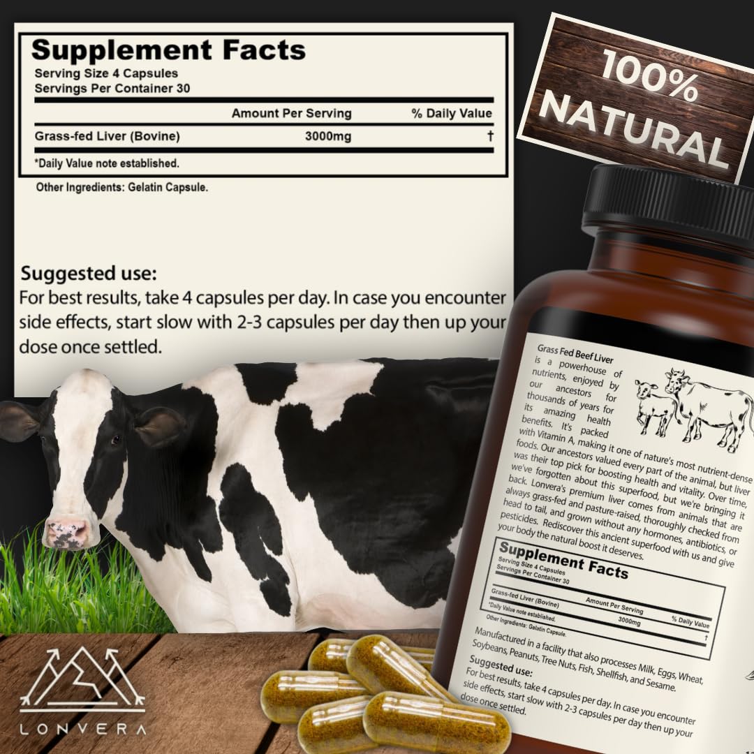 Lonvera Grass-Fed Beef Liver Capsules – 3000mg Freeze-Dried Desiccated Organs for Energy, Joints & Skin