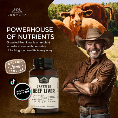 Lonvera Grass-Fed Beef Liver Capsules – 3000mg Freeze-Dried Desiccated Organs for Energy, Joints & Skin
