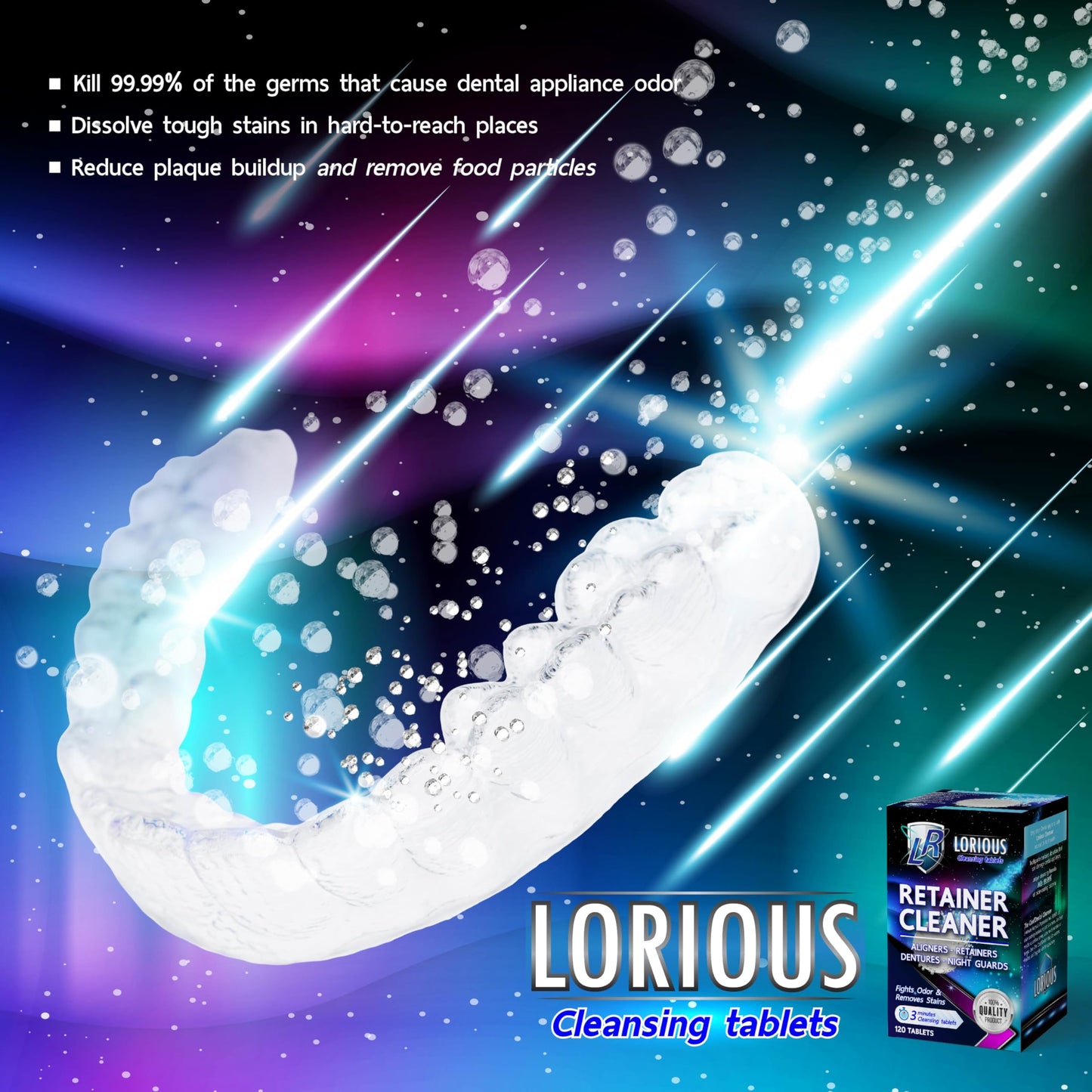 LORIOUS Retainer Cleaner Tablets (120 ct) – 4 Months of Daily Cleaning for Retainers, Aligners, Dentures and Mouth Guards