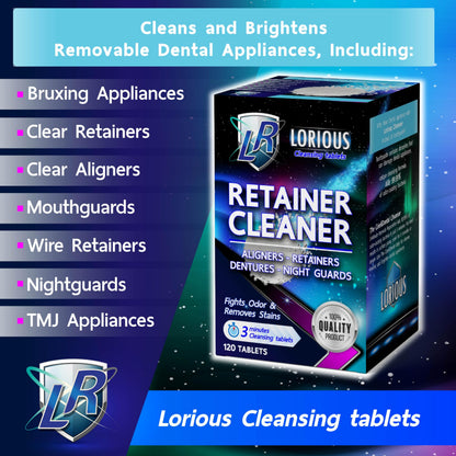 LORIOUS Retainer Cleaner Tablets (120 ct) – 4 Months of Daily Cleaning for Retainers, Aligners, Dentures and Mouth Guards