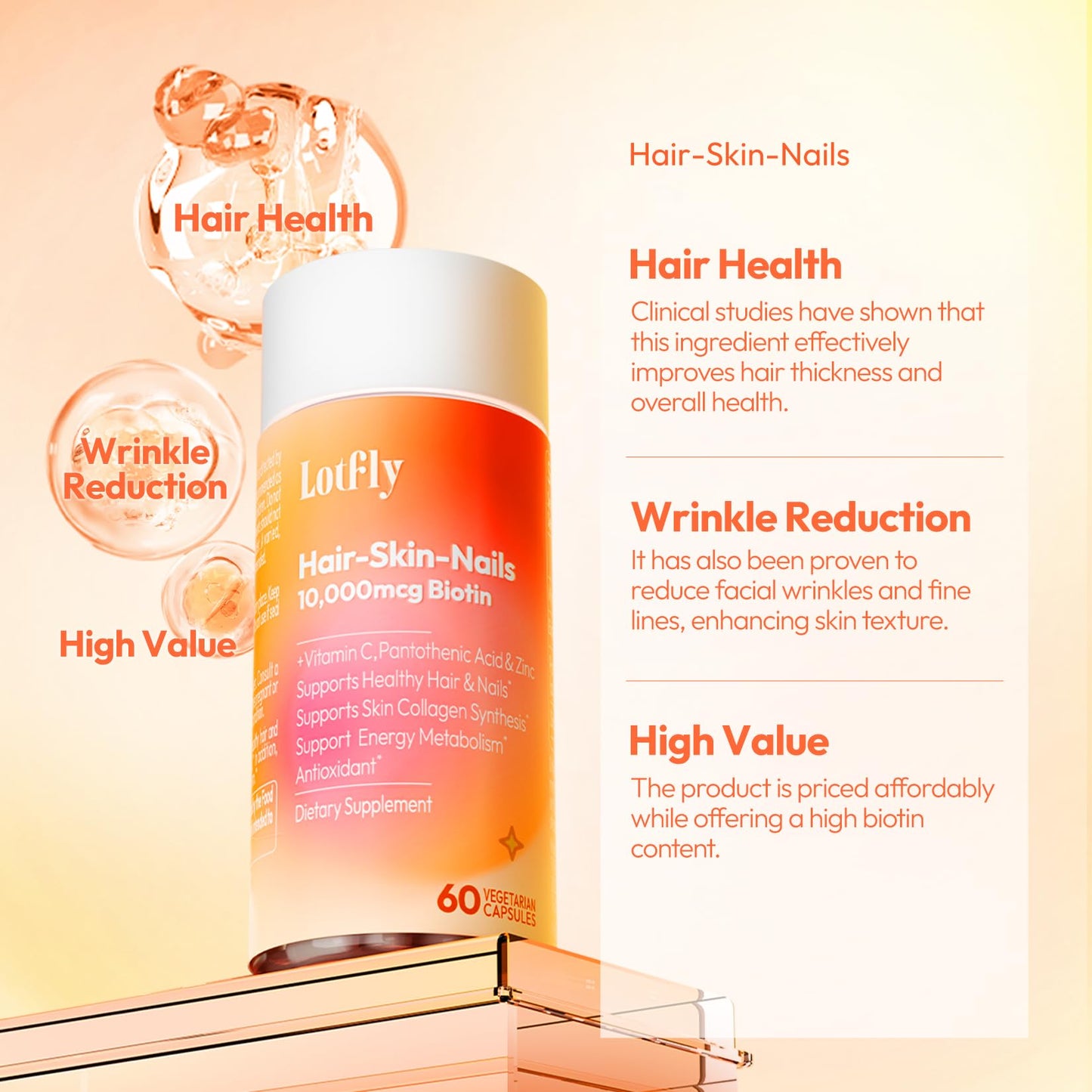 LOTFLY Biotin 10000 mcg with Zinc Vitamin C & Calcium Pantothenate – Supports Healthy Hair Growth, Strong Nails & Glowing Skin for Women & Men | Made in The USA | 60 Vegan Capsules (2 Months Supply)