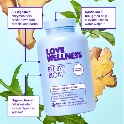 Love Wellness Bye Bye Bloat Digestive Enzymes | Bloating Relief for Women | 180 Count