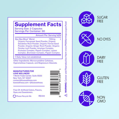 Love Wellness Bye Bye Bloat Digestive Enzymes | Bloating Relief for Women | 180 Count