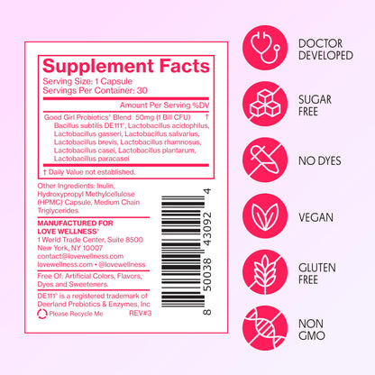 Love Wellness Good Girl Probiotics — 9-Strain Vaginal Health Probiotic for pH Balance, UTIs, Yeast, and Immune Support | Gluten-Free
