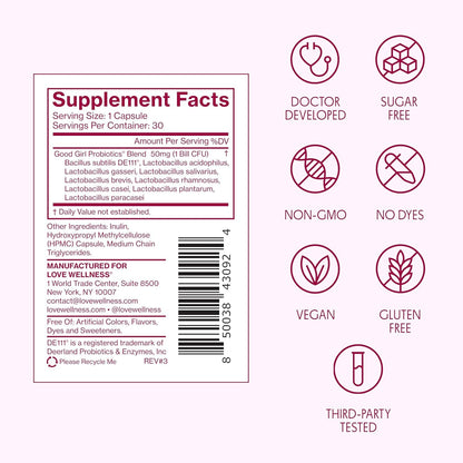 Love Wellness Good Girl Probiotics — 9-Strain Vaginal Health Probiotic for pH Balance, UTIs, Yeast, and Immune Support | Gluten-Free