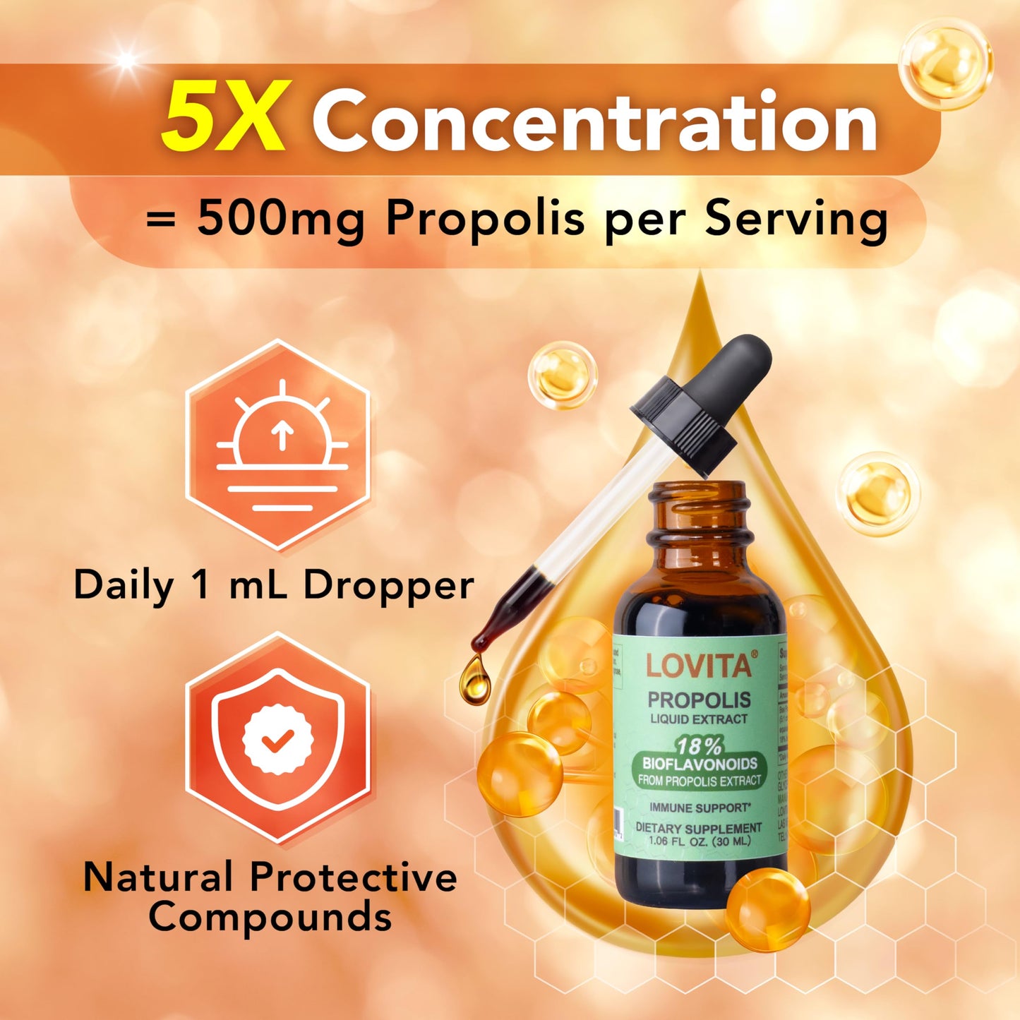 LOVITA Bee Propolis Liquid Extract 500mg – 5:1 Resin Drops, 18% Bioflavonoids