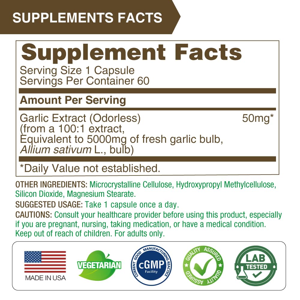LOVITA Odorless Garlic Capsules – 5000mg Fresh Garlic, 1.25% Allicin