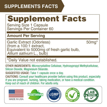 LOVITA Odorless Garlic Capsules – 5000mg Fresh Garlic, 1.25% Allicin